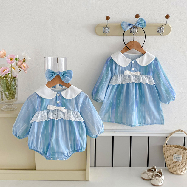 【BS231】韓版直條蕾絲花邊長袖包屁衣小洋裝(送髮箍)(1色)