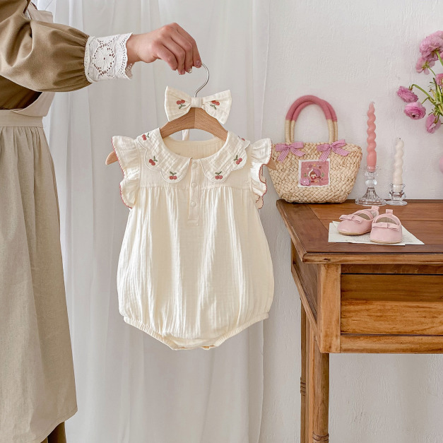 【BA009】韓版刺繡小櫻桃無袖包屁衣(送髮帶)(1色)