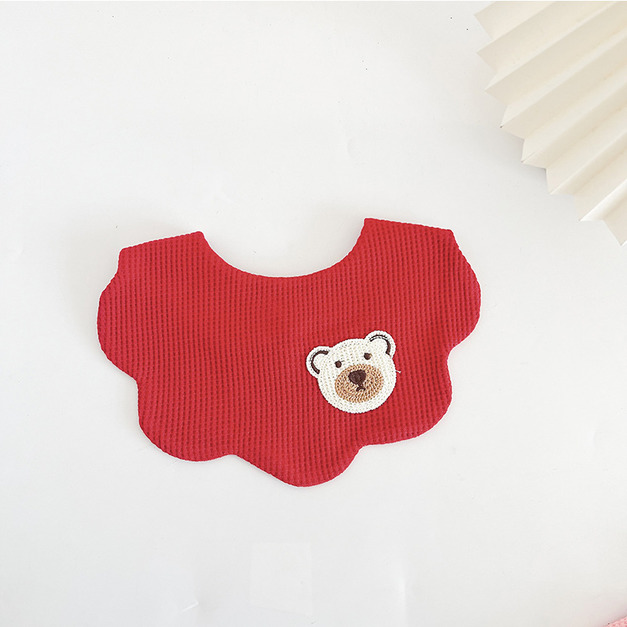 【BW066】韓版刺繡小熊花瓣領口水巾圍兜(紅色)