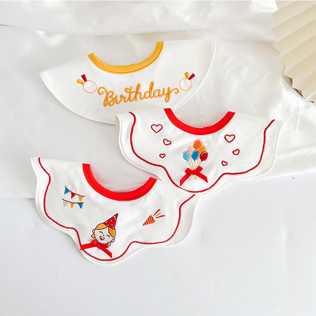 【BW119】韓版刺繡小塗鴉口水巾圍兜3條裝(生日快樂)