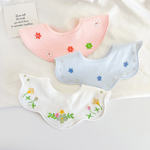 【BW188】韓版刺繡字母動物口水巾圍兜3條裝(繽紛花朵)