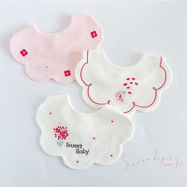 【BW233】韓版華夫格刺繡動物口水巾圍兜3條裝(兔子小花)