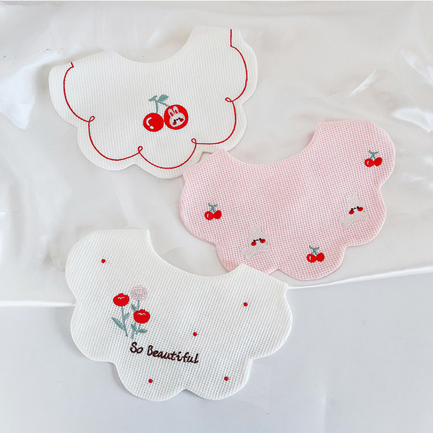 【BW234】韓版華夫格刺繡動物口水巾圍兜3條裝(櫻桃兔兔)