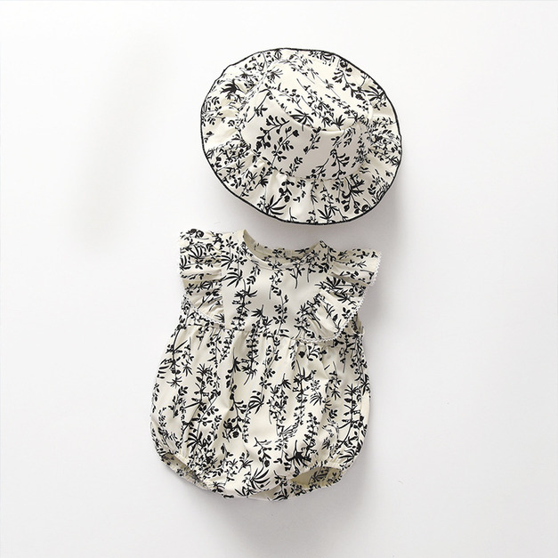 【BA183】韓版黑白花草無袖包屁衣(送遮陽帽)(1色)