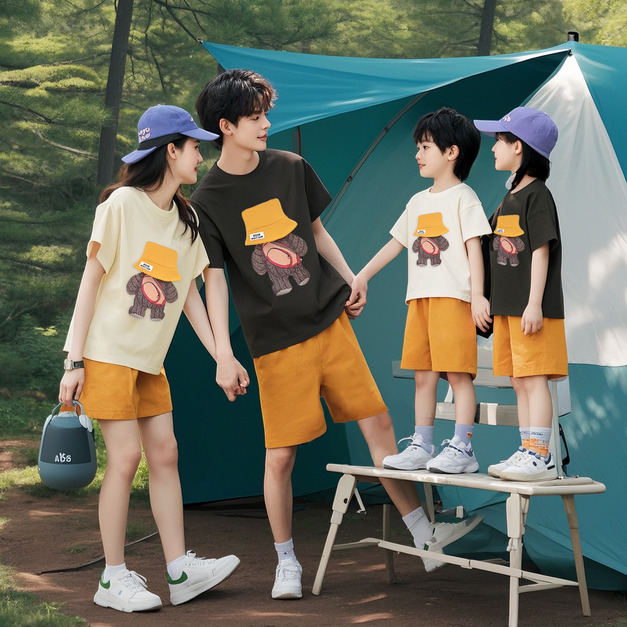 【F186】日系立體帽子小熊全家福親子短袖上衣(3色)