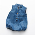 【BA185】韓版牛仔立領小口袋無袖包屁衣(1色)