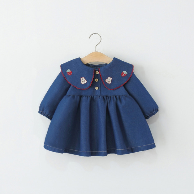 【BG561】日系刺繡草莓兔牛仔長袖澎澎洋裝(1色)