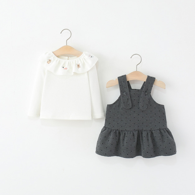 【BG572】日系大圓領刺繡小動物兩件式吊帶點點長袖洋裝(1色)