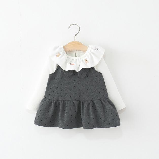 【BG572】日系大圓領刺繡小動物兩件式吊帶點點長袖洋裝(1色)