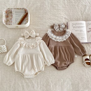 【BA110】韓版純色圓領蕾絲花邊長袖包屁衣(送髮帶)(2色)