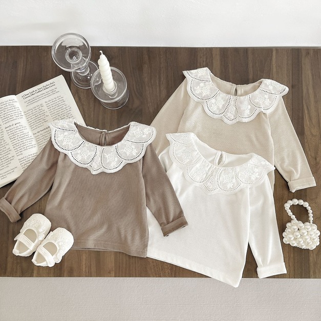 【BU003】韓版蕾絲圓領長袖上衣(3色)