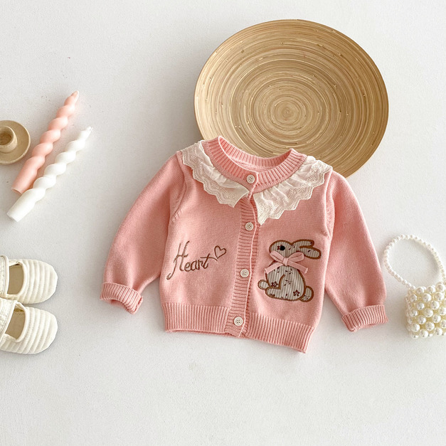 【BO069】日系刺繡兔兔蕾絲花邊針織長袖外套(1色)