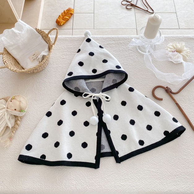 【BO070】日系黑點點連帽針織長袖斗篷外套(1色)