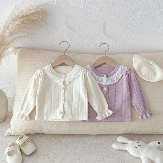 【BO068】日系純色蕾絲花邊針織長袖外套(2色)