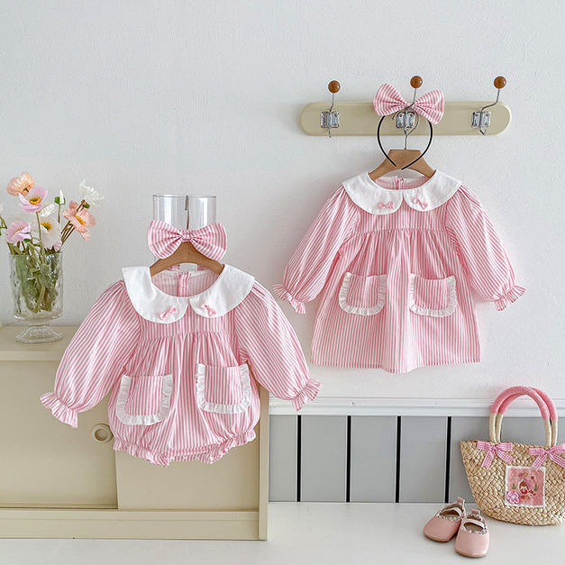 【BS303】韓版粉條紋蝴蝶結長袖包屁衣小洋裝(送髮箍)(1色)