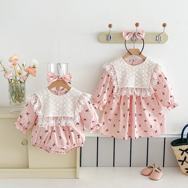 【BS295】韓版蕾絲方領小蝴蝶結長袖包屁衣小洋裝(送髮箍)(1色)