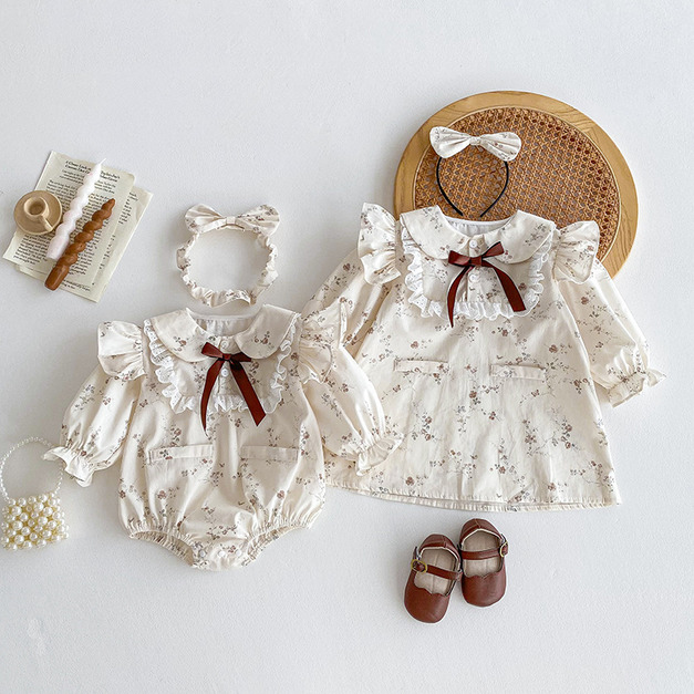 【BS296】韓版緞帶蝴蝶結小碎花長袖包屁衣小洋裝(送髮箍)(1色)