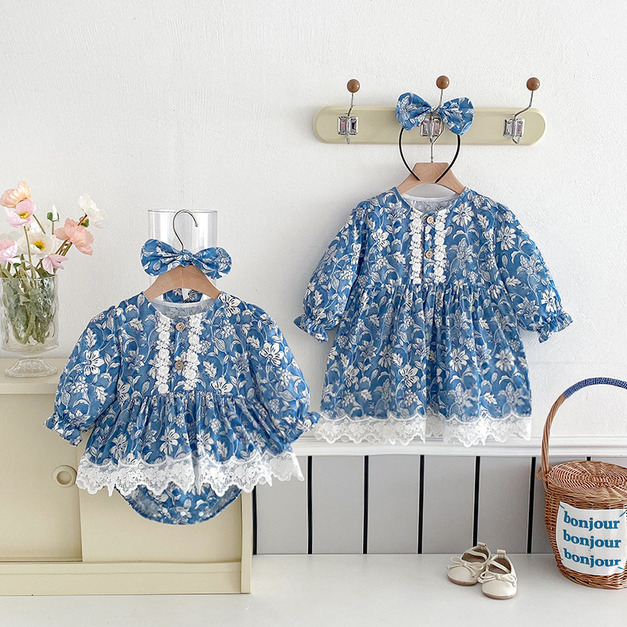 【BS304】韓版水藍白花蕾絲花邊長袖包屁衣小洋裝(送髮箍)(1色)
