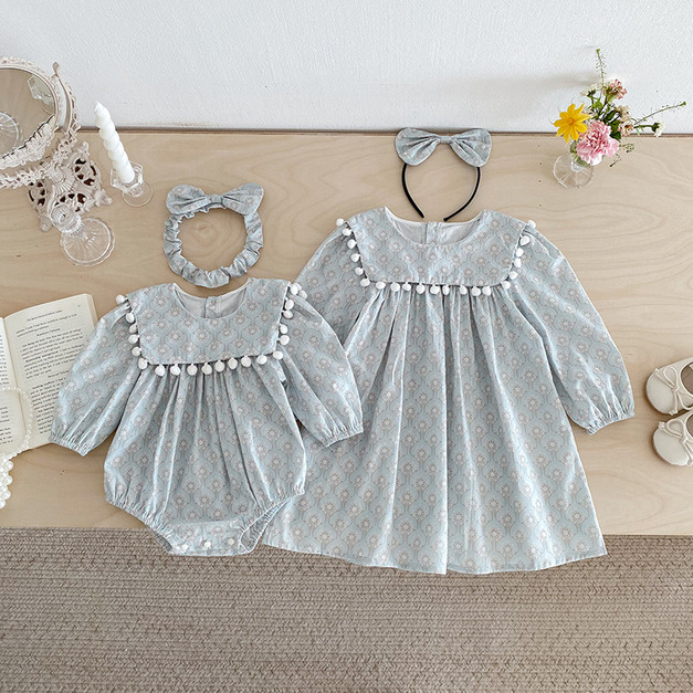 【BS291】韓版立體小毛球花長袖包屁衣小洋裝(送髮箍)(1色)