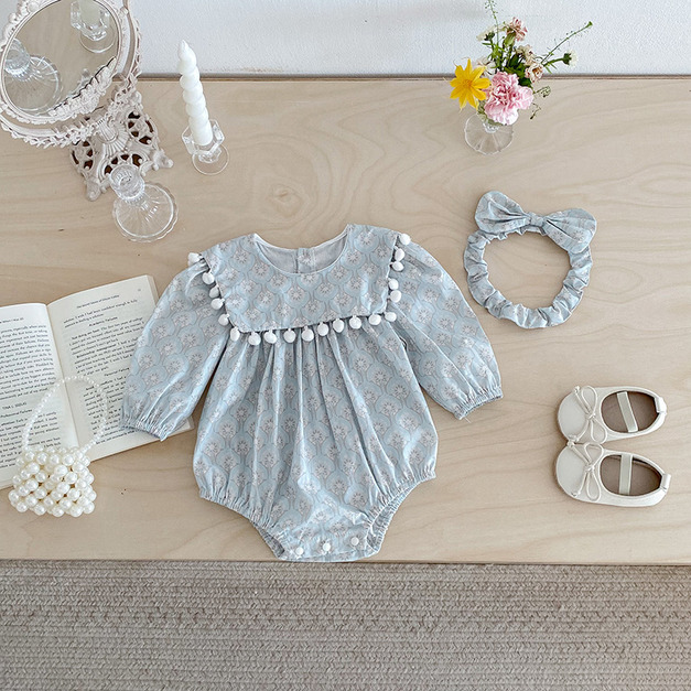 【BSA291】韓版立體小毛球花長袖包屁衣(送髮帶)(1色)