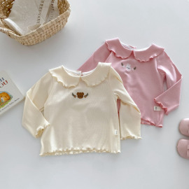 【BU229】捲捲邊熊熊兔兔刺繡領長袖上衣(2色)