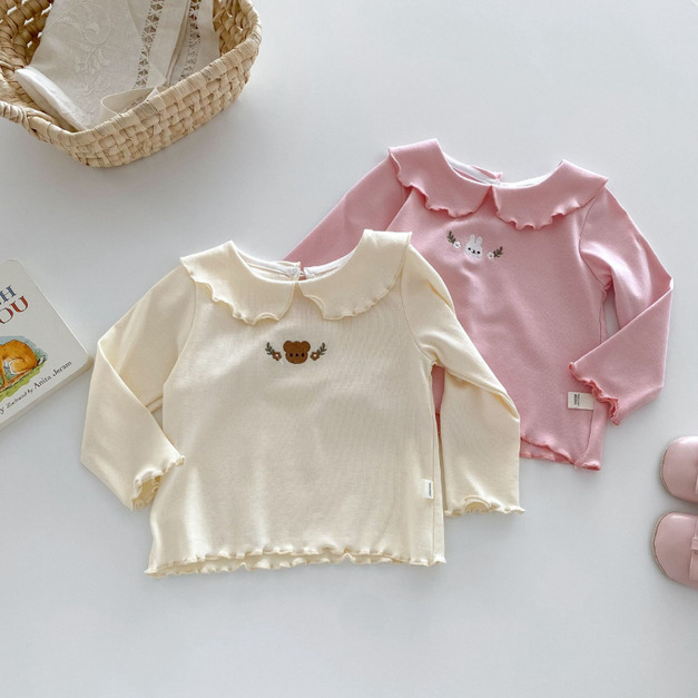 【BU229】捲捲邊熊熊兔兔刺繡領長袖上衣(2色)