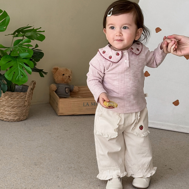 【BU227】日系草莓刺繡領長袖上衣(2色)