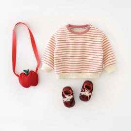 【BU253】粉色條紋滾邊加厚保暖上衣