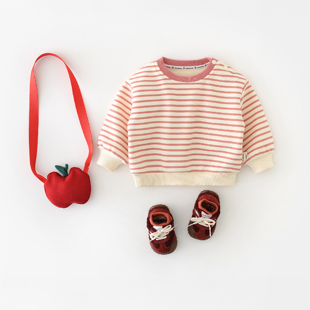 【BU253】粉色條紋滾邊加厚保暖上衣