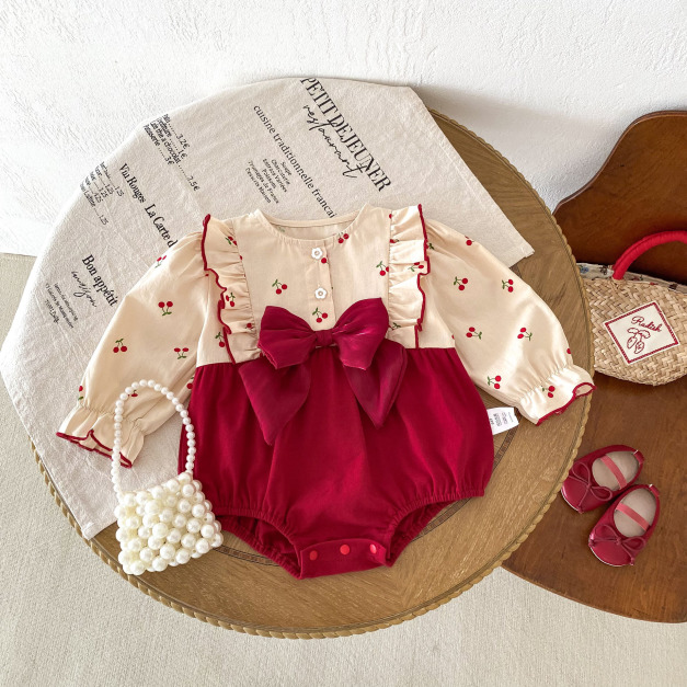 【BA045】韓版拼接櫻桃蝴蝶結長袖包屁衣(1色)