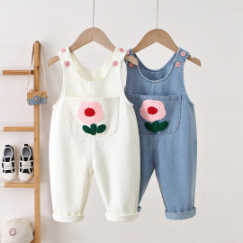 【BR013】粉紅小花單寧吊帶褲(2色)