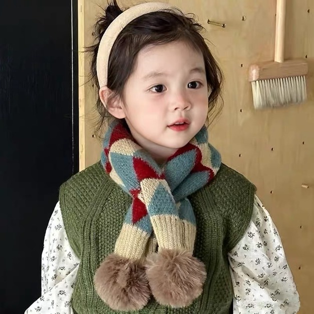 【SC001】兒童｜韓版民族風交叉球球保暖圍巾(4色)