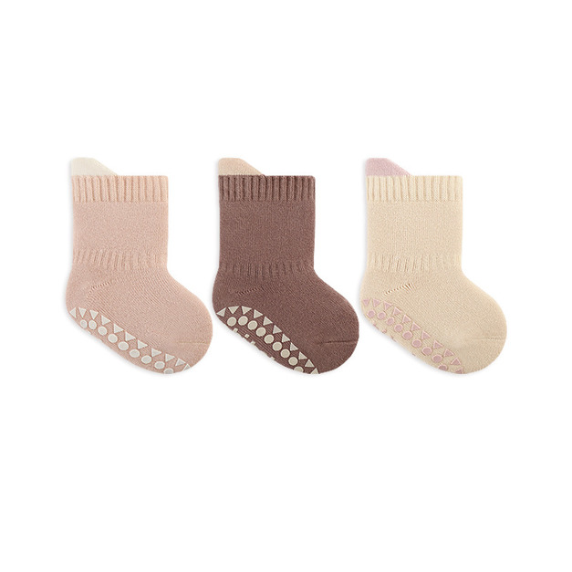 【SB218】童襪｜日系HI BABAY粉咖純色加厚防滑中筒襪(3雙1組)