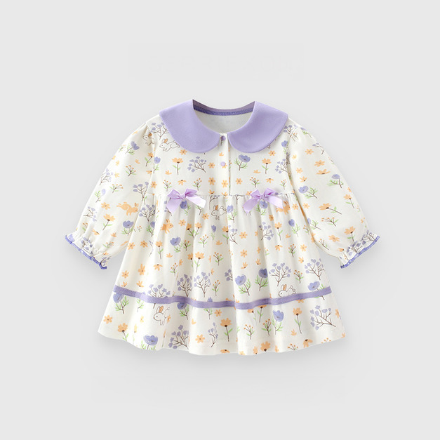 【BG915】日系甜美紫色蝴蝶結純棉長袖洋裝(1色)