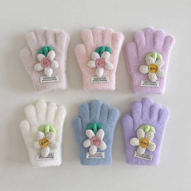 【BL016】兒童｜韓版針織花花加厚保暖手套(五指)(6色)