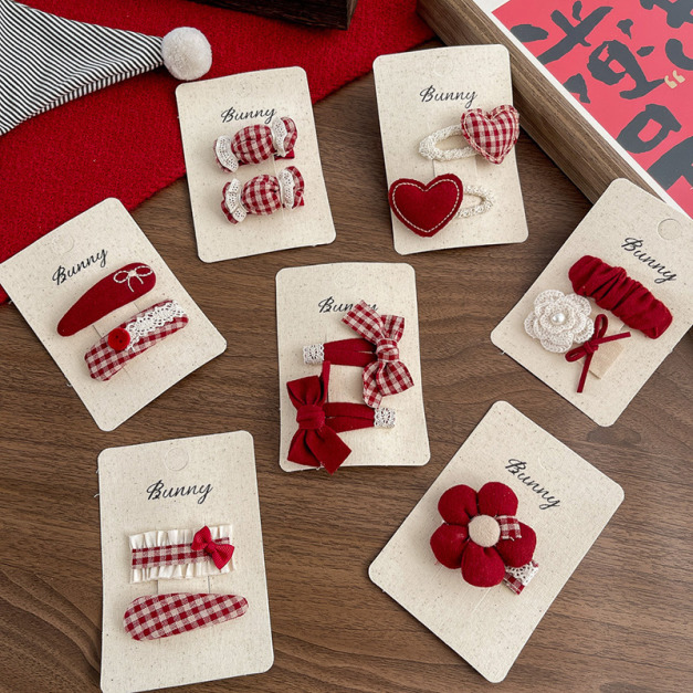 【BP069】新年喜氣紅格不傷髮寶寶瀏海髮夾(二件組)(7款)