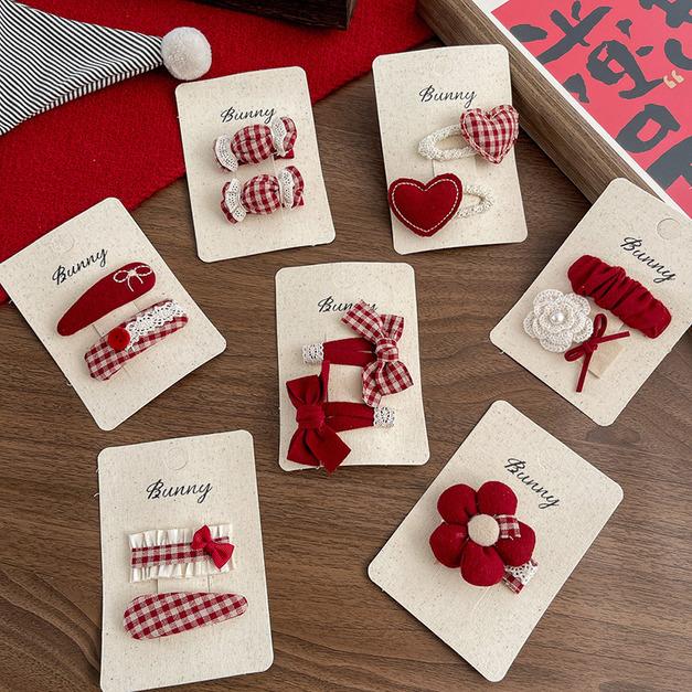 【BP069】新年喜氣紅格不傷髮寶寶瀏海髮夾(二件組)(7款)