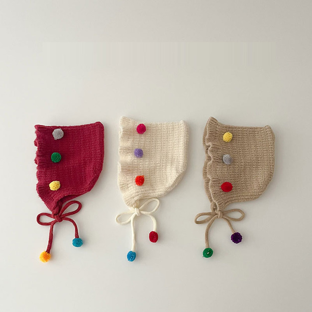 【BH058】韓版繽紛小彩球綁帶毛線帽(3色)