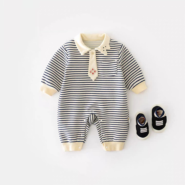 【BA905】可愛表情領條紋長袖連身衣(1色)