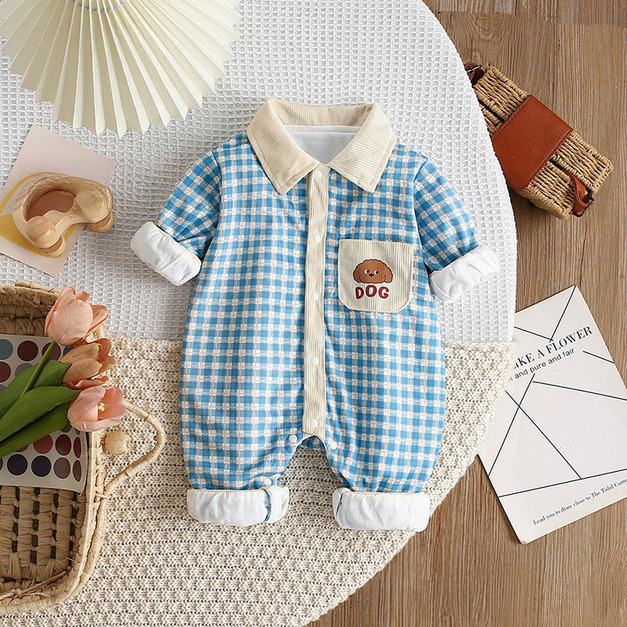 【BA906】大眼狗狗格子長袖包屁衣(1色)