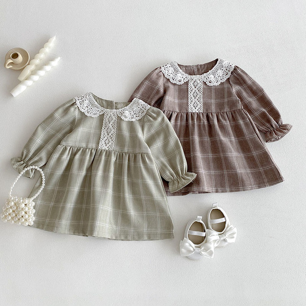 【BG926】韓版格子蕾絲領長袖洋裝(2色)