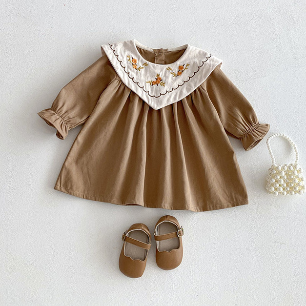 【BG930】韓版復古刺繡翻領長袖洋裝(1色)