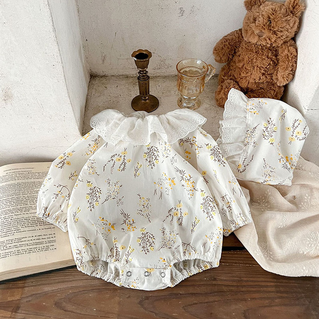 【BA915】日系小黃花花園長袖包屁衣(附帽子)(1色)