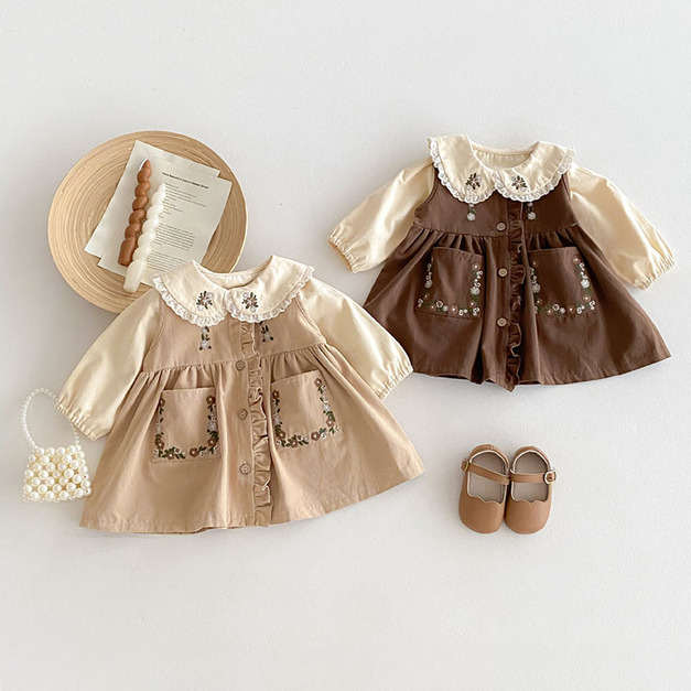 【BG928】韓版木耳邊刺繡口袋長袖背心洋裝(2色)