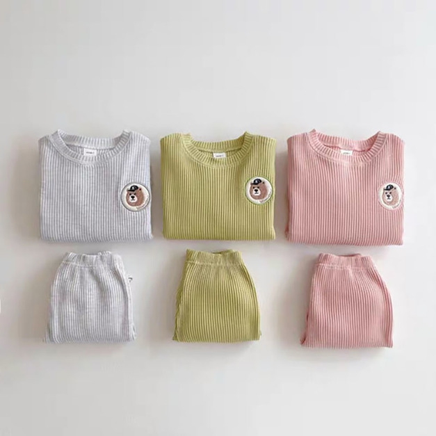 【BE244】韓版熊熊華夫格長袖長褲套裝(2色)