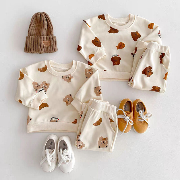 【BE242】韓版熊熊麵包長袖長褲套裝(2色)