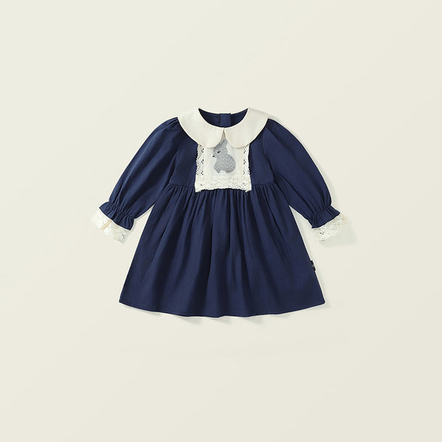 【BG934】日系娃娃領兔兔刺繡長袖洋裝(1色)