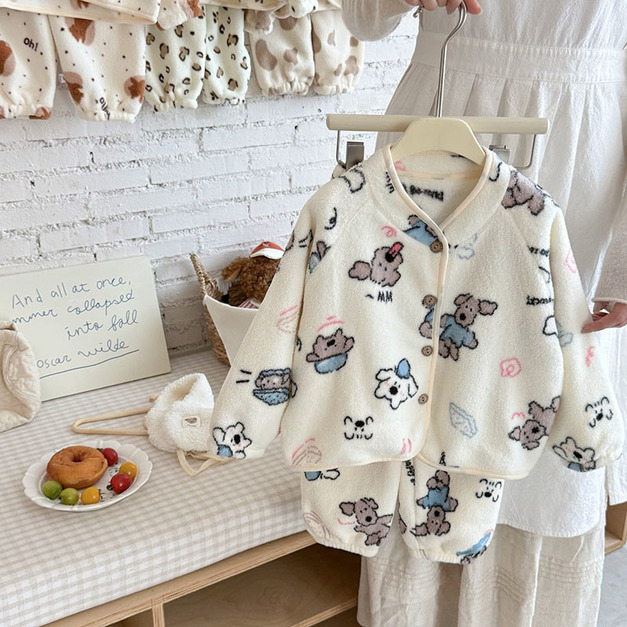 【HB038】軟綿狗狗立領法蘭絨成套睡衣(長袖/長褲)(1色)