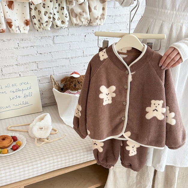 【HB036】咖啡熊熊立領法蘭絨成套睡衣(長袖/長褲)(1色)