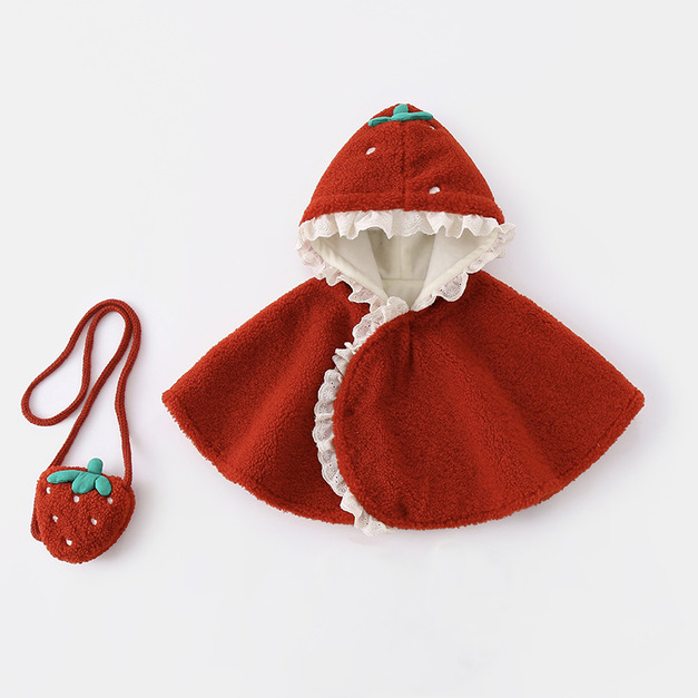 【BC015】保暖防風小草莓羊羔斗篷(附草莓包)(1色)